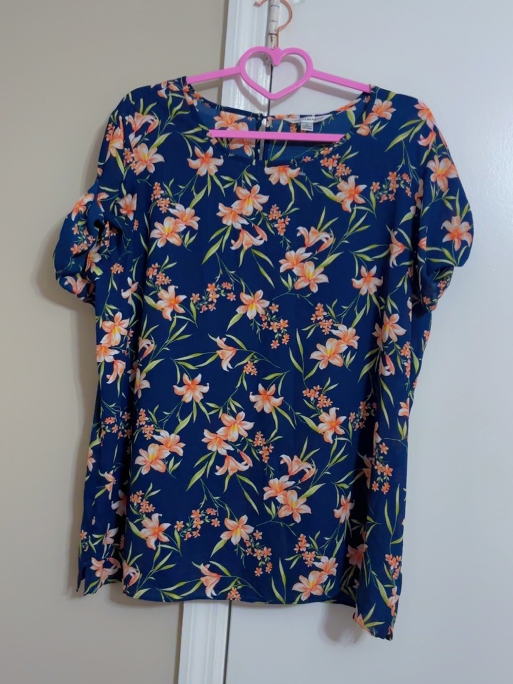 Counterparts Navy Floral Short-Sleeve Blouse with Peach Blooms